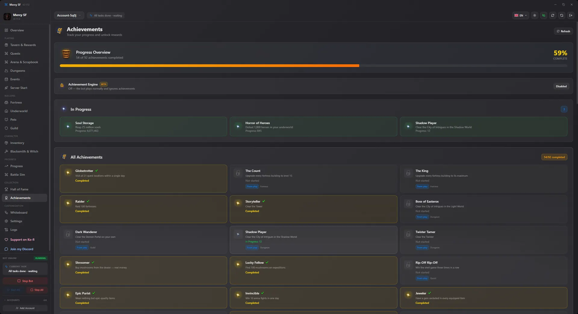 Achievement screen showing overall progress and each achievement's state