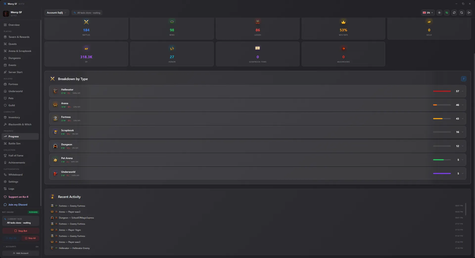 Charts of experience, silver, honour and win rate over time