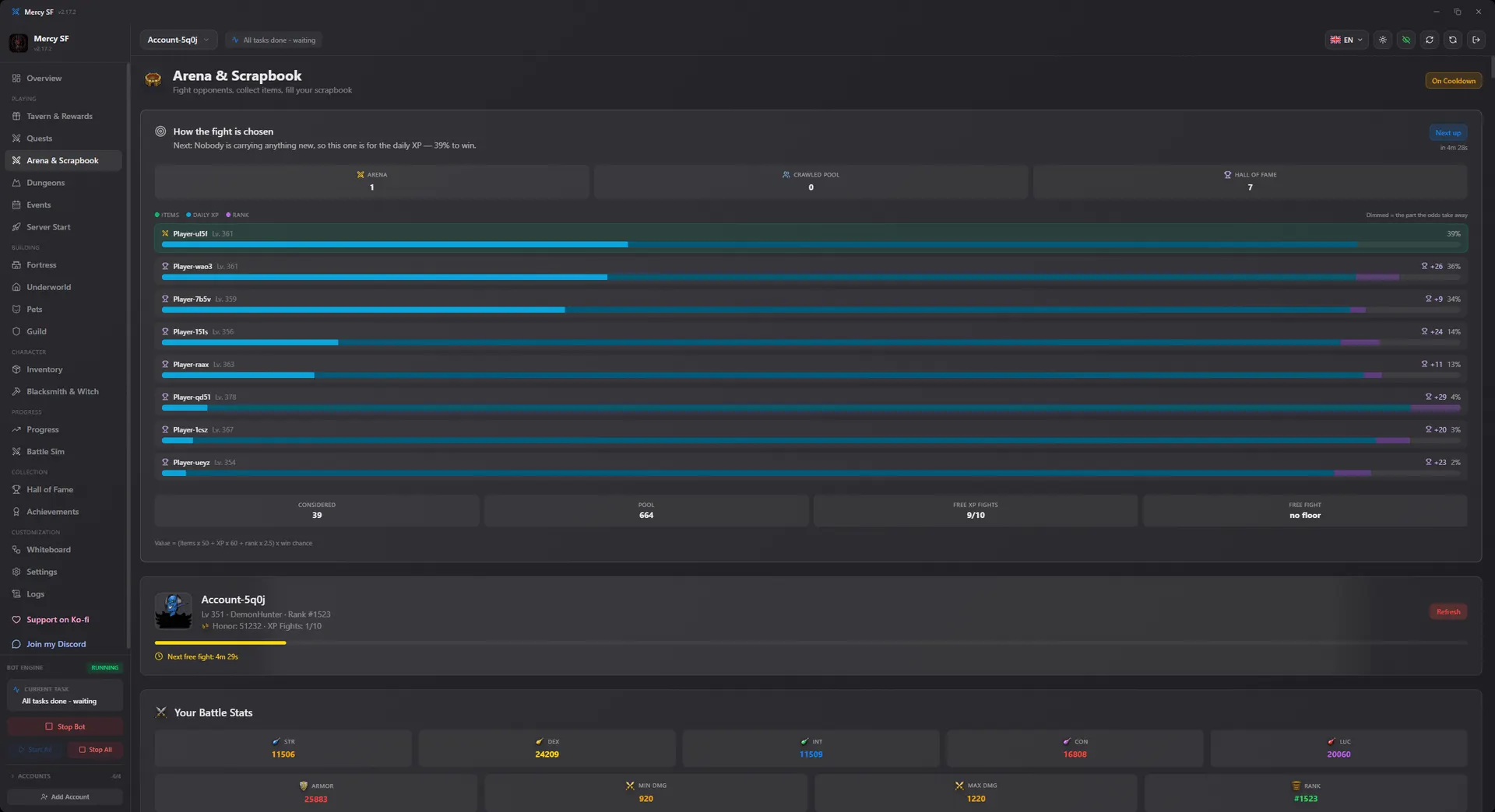 The arena decision view, scoring every candidate opponent as a bar
