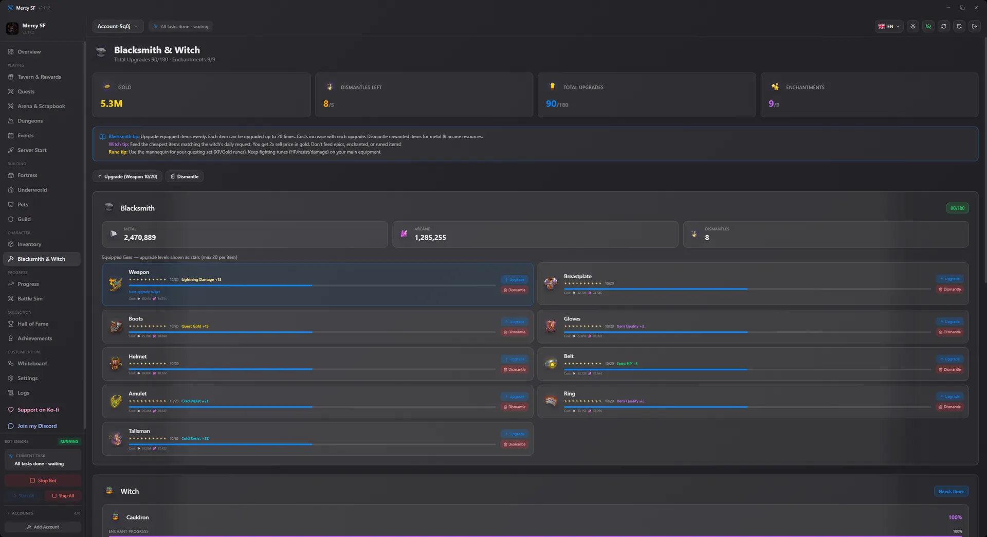 Blacksmith and witch screen listing what will be dismantled and what upgraded
