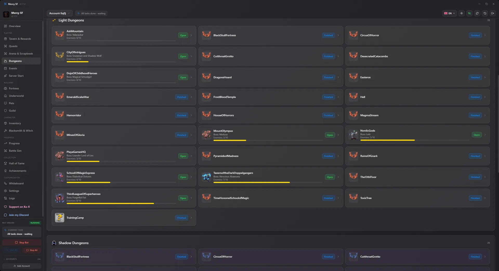 Dungeon list showing every dungeon, its current enemy and its status