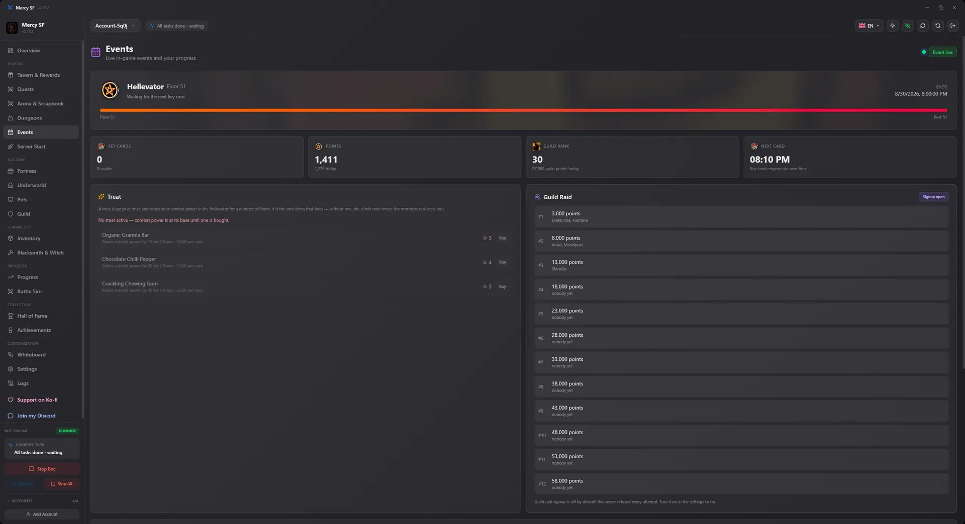 The Events tab during a live Hellevator, showing floor, points and key cards
