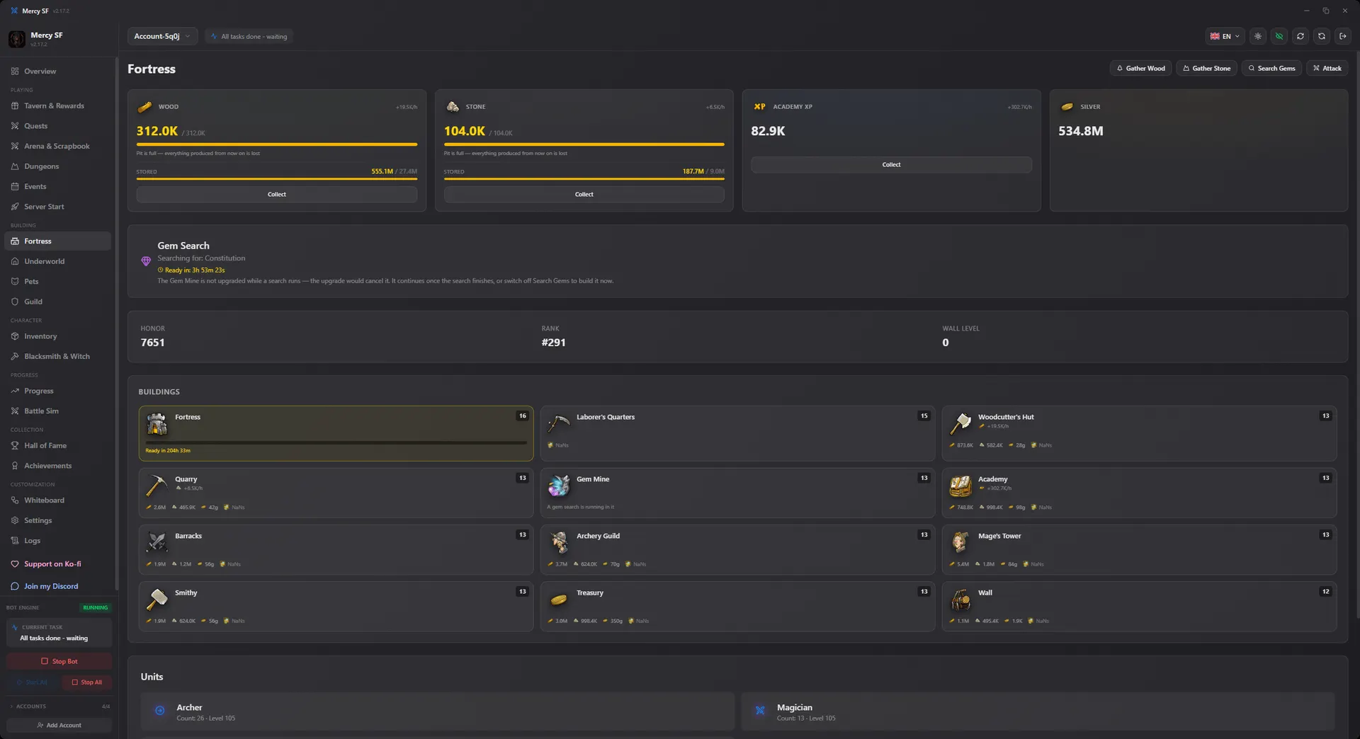 Fortress screen with resources, buildings and the gem search