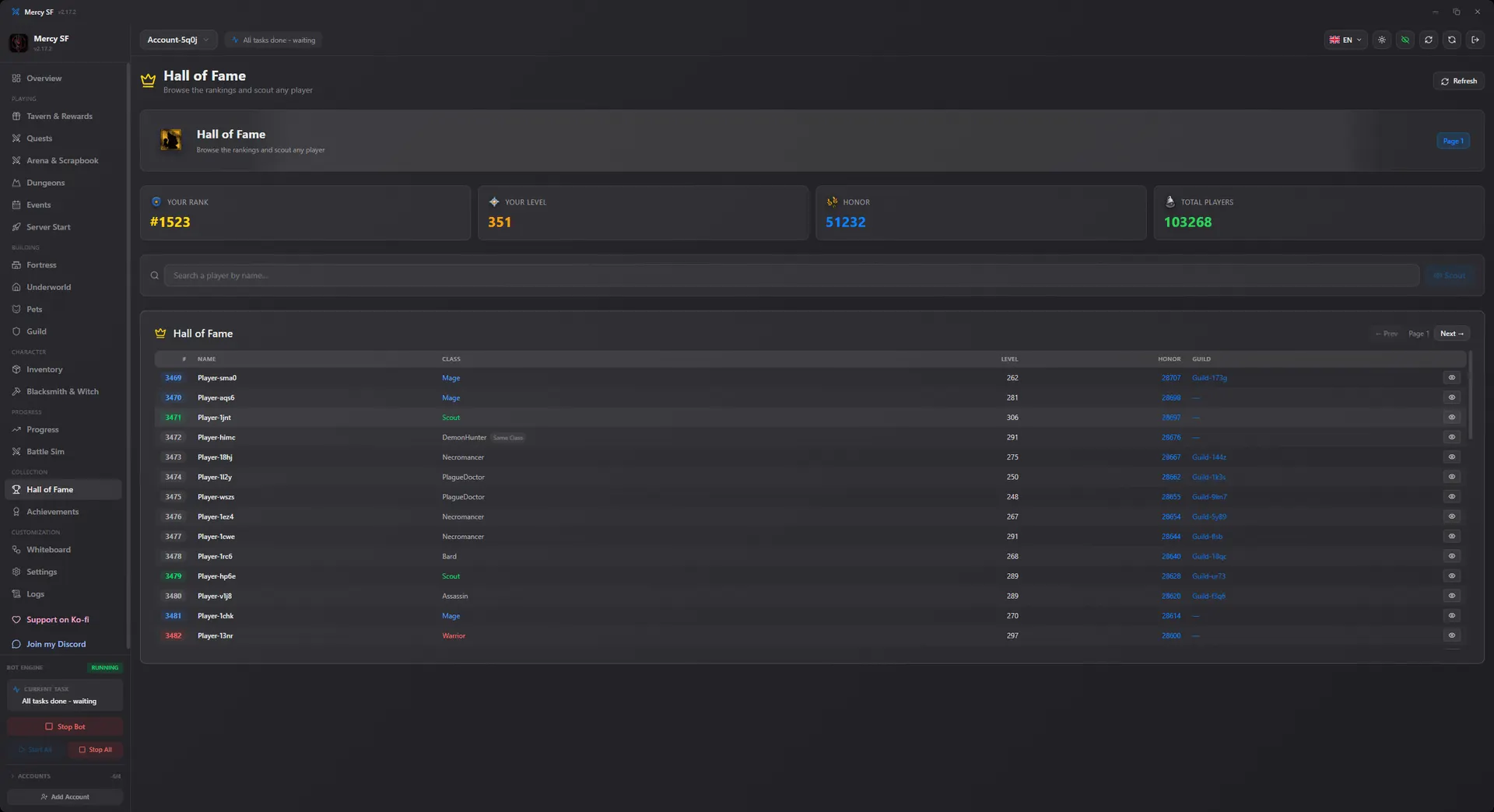 Hall of Fame browser for scouting any player on the server