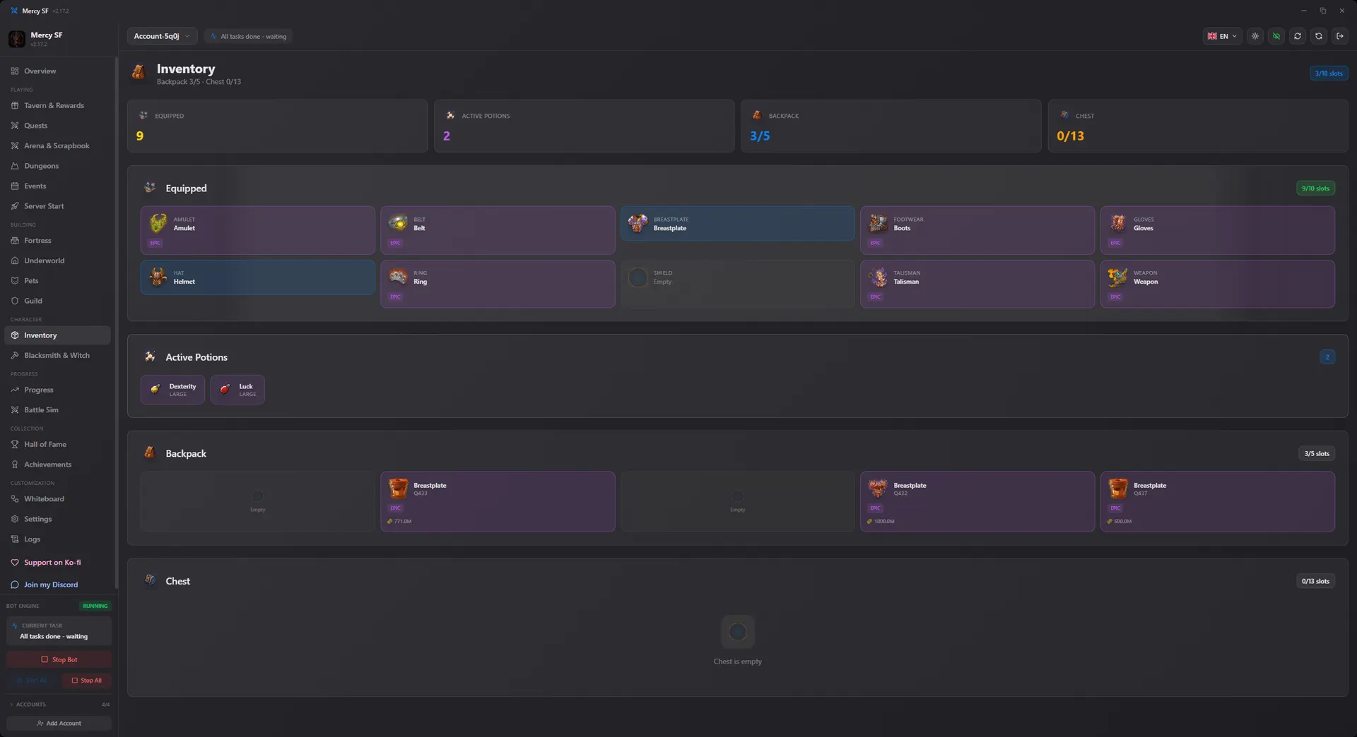 Inventory screen with equipped gear, potions and the backpack