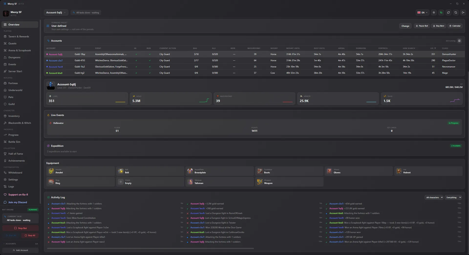 The equipment and attribute panel below the Mercy SF overview