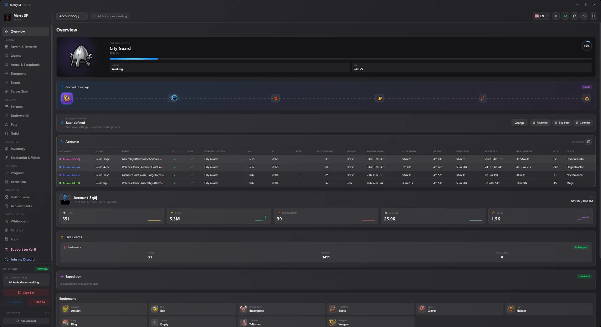Mercy SF overview showing the current action, every running account and live event progress
