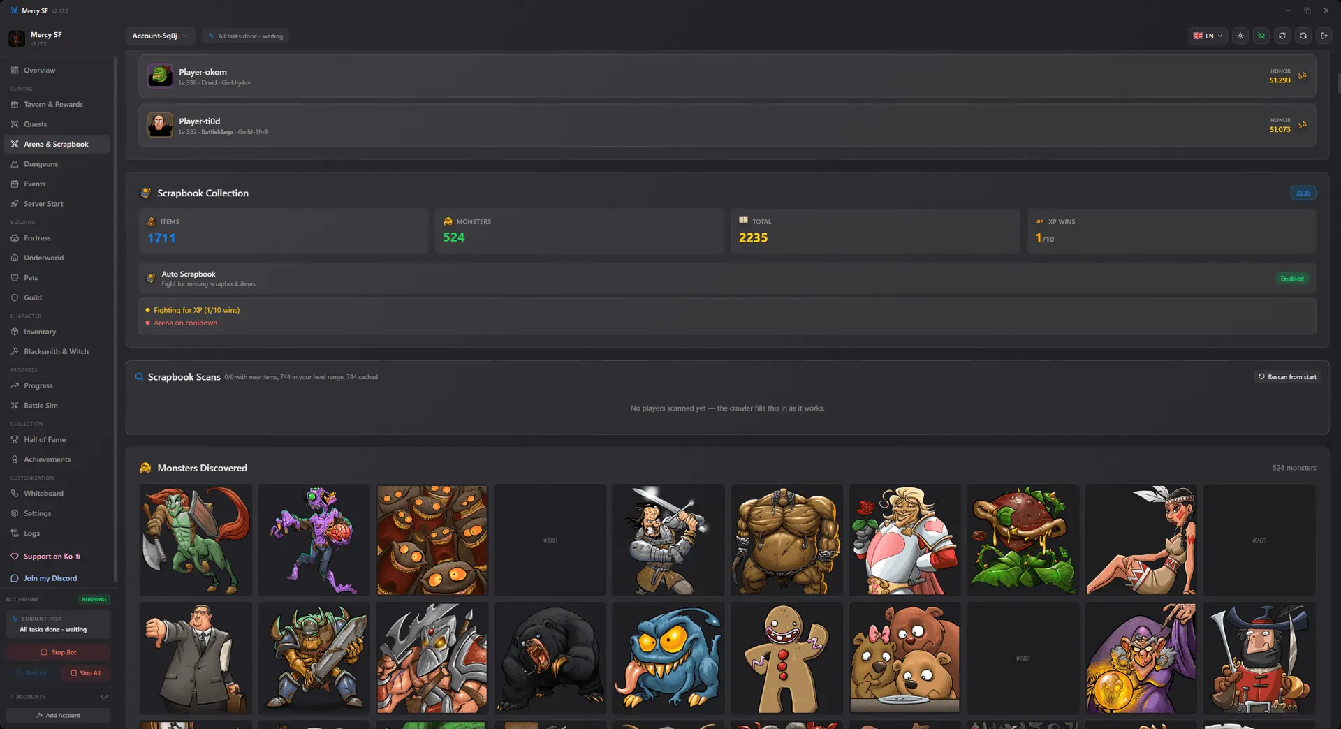 Scrapbook collection screen showing discovered monsters and album progress