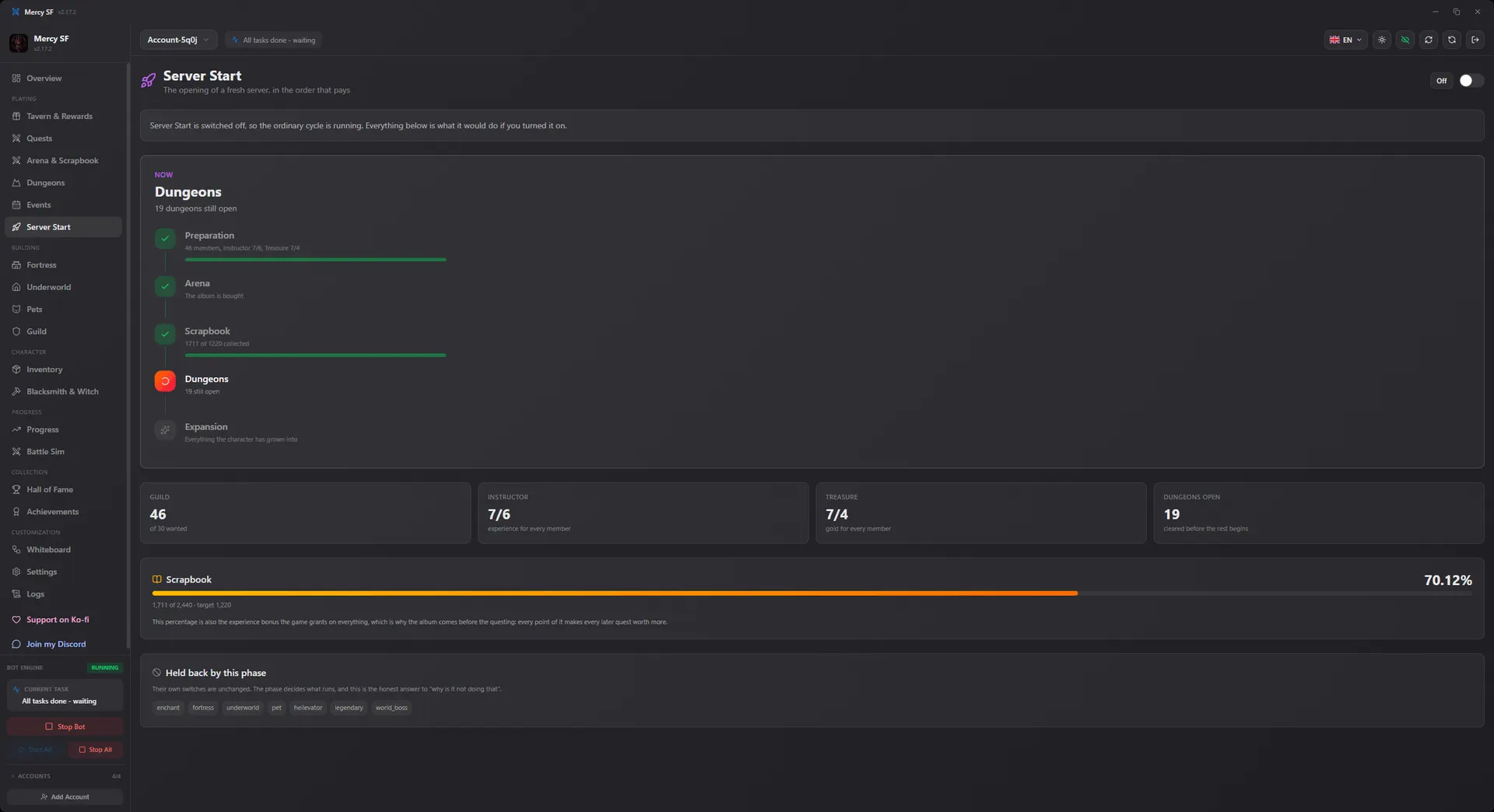 Server start screen showing the opening phases and what each one still needs