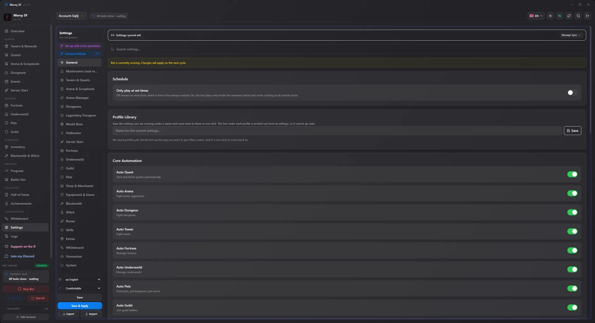 Settings screen with a switch for every automation module