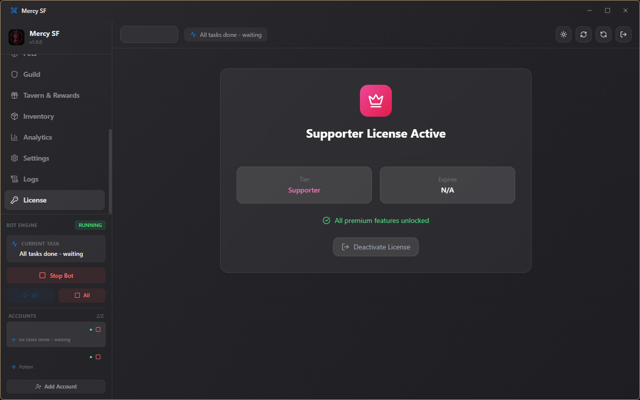 License tab